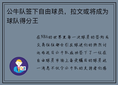 公牛队签下自由球员，拉文或将成为球队得分王