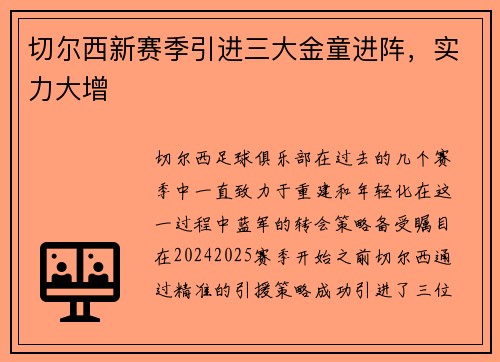 切尔西新赛季引进三大金童进阵，实力大增