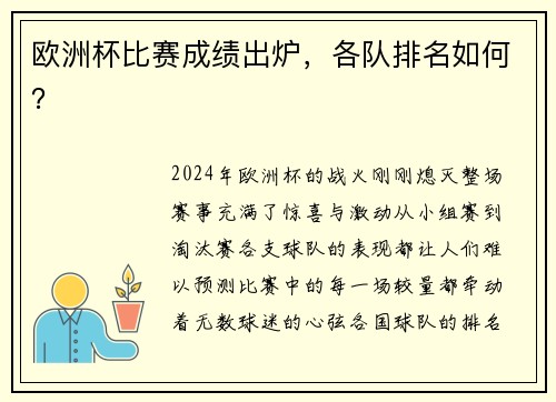 欧洲杯比赛成绩出炉，各队排名如何？